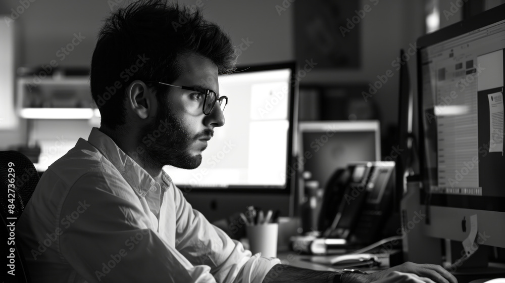 The man works diligently at his workstation in the office The man works diligently at his workstation in the office