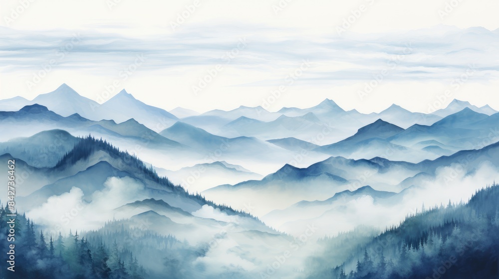 blue mountain on foggy day nature landscape watercolor illustration