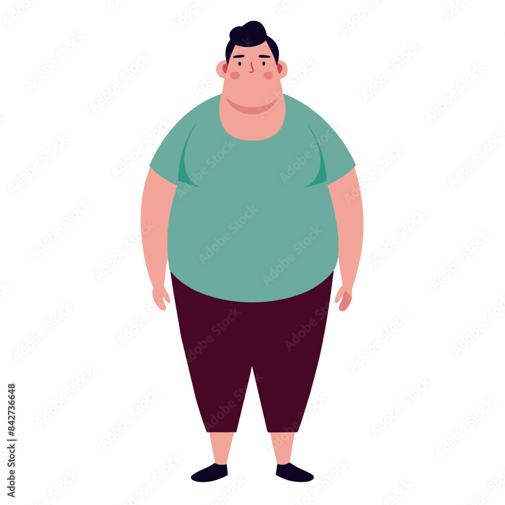 Fototapeta premium Cartoon character in blue shirt and dark pants, standing forward with round face in comic style