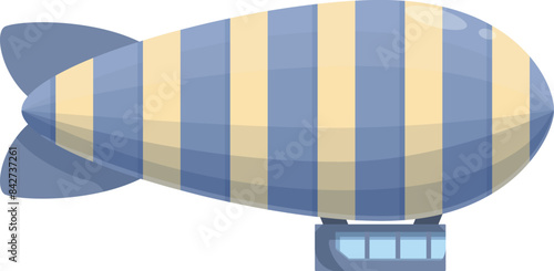 Retro style blue and yellow striped blimp flying in the air