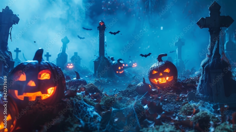 Fototapeta premium Haunted Graveyard with Glowing Pumpkins