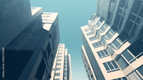 Low angle,Modern Architecture 3D illustration. Architecture building construction perspective paper cut style, underside view urban building abstract background