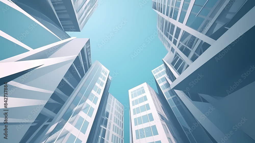 Low angle,Modern Architecture 3D illustration. Architecture building construction perspective paper cut style, underside view urban building abstract background