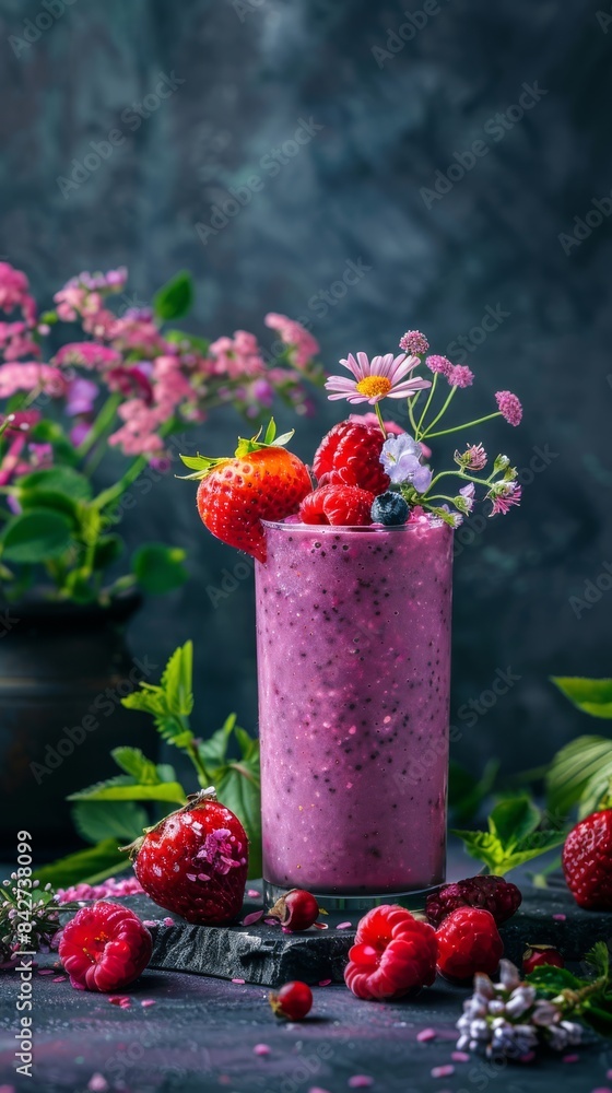 Overflowing with flavor: Munde Berry Smoothie on a fuzzy dark background Overflowing with flavor: Munde Berry Smoothie on a fuzzy dark background