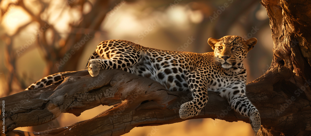 A leopard lounging on a tree branch in the African savannah A leopard lounging on a tree branch in the African savannah
