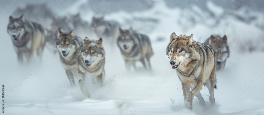 A pack of wolves running through the snow-covered wilderness A pack of wolves running through the snow-covered wilderness