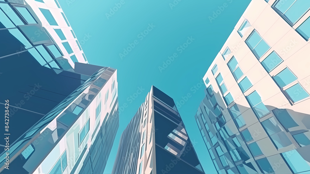 Low angle,Modern Architecture 3D illustration. Architecture building construction perspective paper cut style, underside view urban building abstract background Low angle,Modern Architecture 3D illustration. Architecture building construction perspective paper cut style, underside view urban building abstract background
