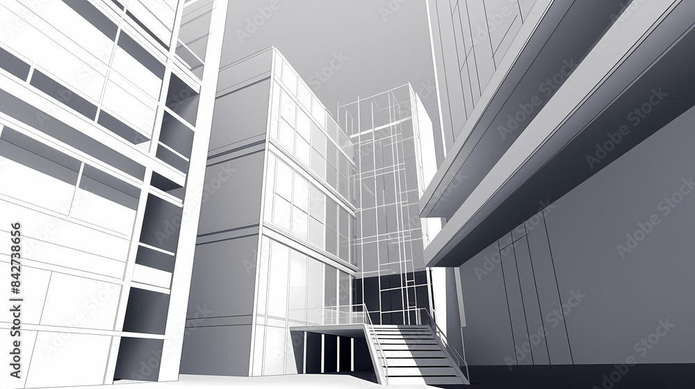 Low angle,Modern Architecture 3D illustration. Architecture building construction perspective paper cut style, underside view urban building abstract background Low angle,Modern Architecture 3D illustration. Architecture building construction perspective paper cut style, underside view urban building abstract background