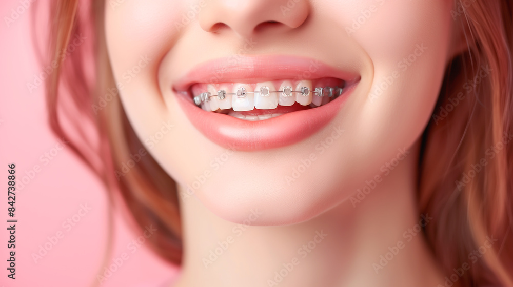 A close-up of a woman with braces, she is smiling broadly showing her beautifully aligned teeth and neat braces A close-up of a woman with braces, she is smiling broadly showing her beautifully aligned teeth and neat braces