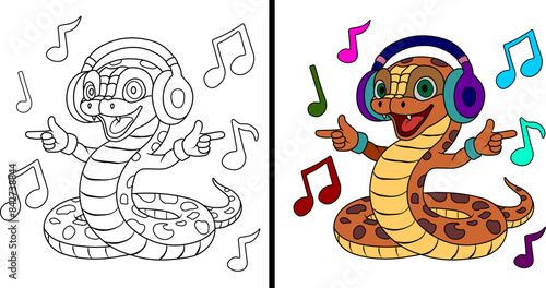 Funny cartoon boa wearing headphones. Coloring page. Vector illustration.