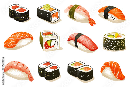 Set of 3D realistic isometric vector fresh japanese food, sushi design concept collection