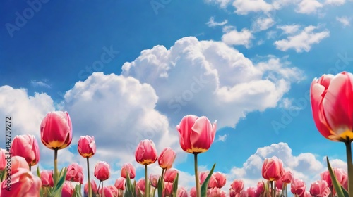 summer hill full of beauty tulips flower with blue skya nd white cloud background photo