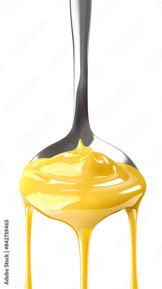Custard or condensed milk dripping from spoon on white background Custard or condensed milk dripping from spoon on white background