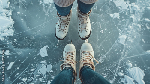 Woman lacing figure skates on ice top view