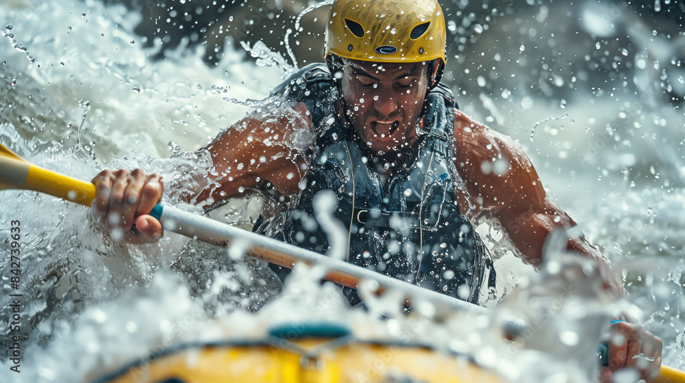 Naklejka premium Water rafting, Rafter's face as they dig their paddle into the water