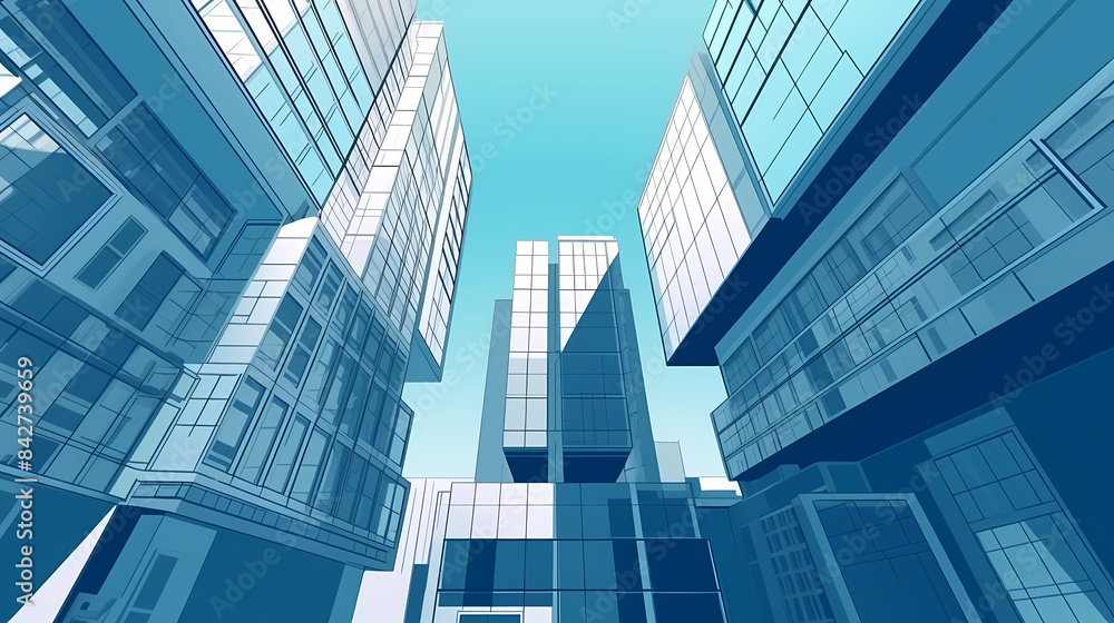 Low angle,Modern Architecture 3D illustration. Architecture building construction perspective paper cut style, underside view urban building abstract background Low angle,Modern Architecture 3D illustration. Architecture building construction perspective paper cut style, underside view urban building abstract background