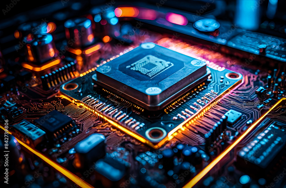 A processor on a circuit board with pulsating neon lights gives a sense of dynamic energy flow. 8k resolution image Generative AI image.
A processor on a circuit board with pulsating neon lights gives a sense of dynamic energy flow. 8k resolution image Generative AI image.