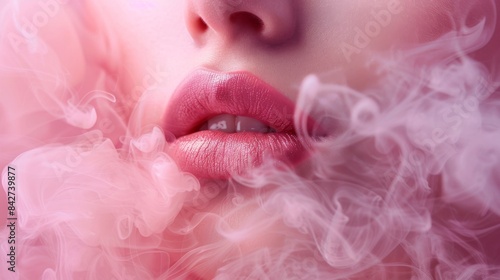 This close-up captures the details of sparkling lips with visible skin texture, surrounded by a soft pink fog or smoke © familymedia