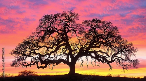 A lone tree stands silhouetted against the vibrant hues of sunset, twisted branches . Generative Ai