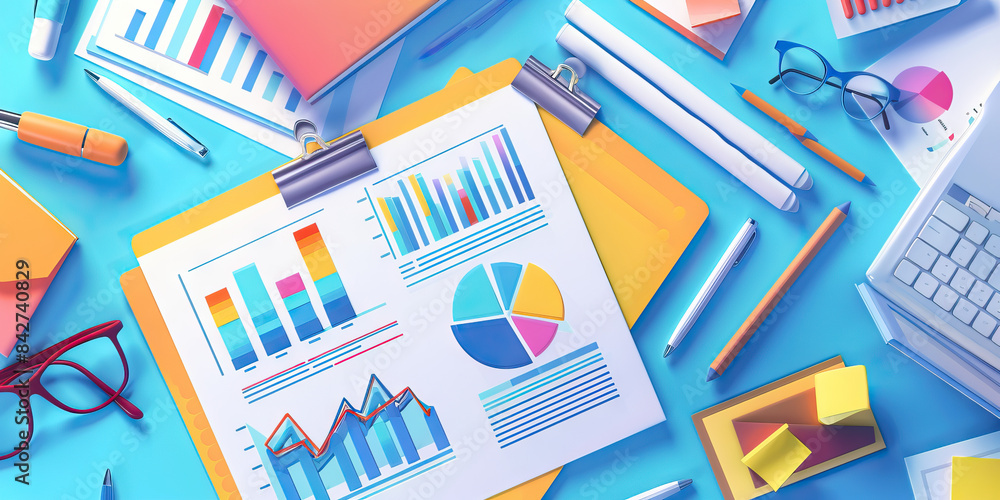 Marketing Agency: Close-up of Marketer's Desk with Branding Materials, Analytics Reports, and Design Tools Marketing Agency: Close-up of Marketer's Desk with Branding Materials, Analytics Reports, and Design Tools