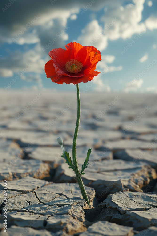Single flower in a dry, cracked desert landscape Single flower in a dry, cracked desert landscape