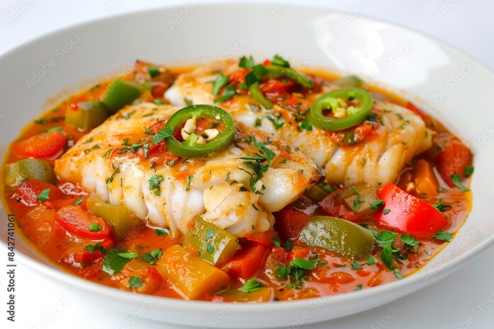 Tender Cod Fillets in Rich Tomato Sauce with Sautéed Vegetables Tender Cod Fillets in Rich Tomato Sauce with Sautéed Vegetables