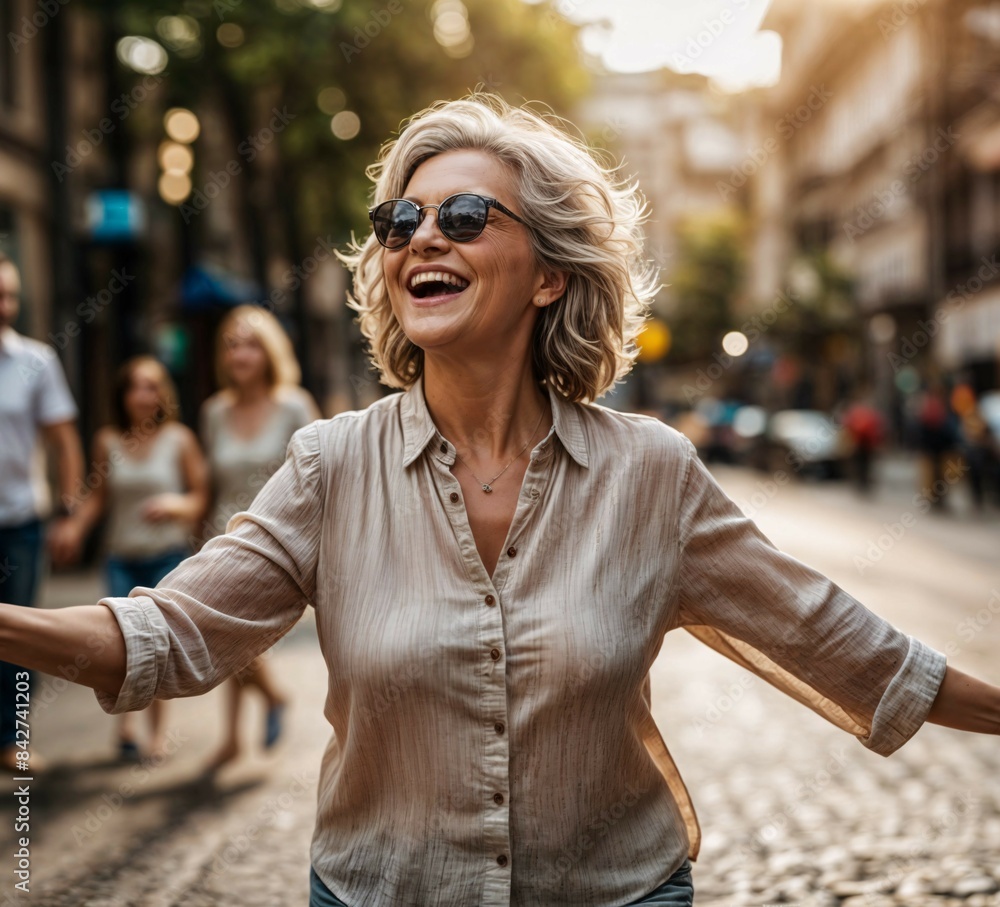 happy mature woman dancing in the street in natural sunset light happy mature woman dancing in the street in natural sunset light