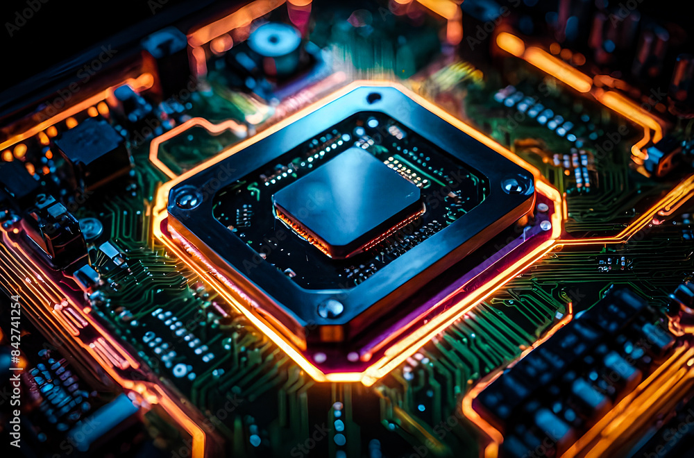 A processor on a circuit board with pulsating neon lights gives a sense ...