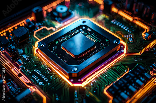 A processor on a circuit board with pulsating neon lights gives a sense of dynamic energy flow—8k resolution image Generative AI image. 