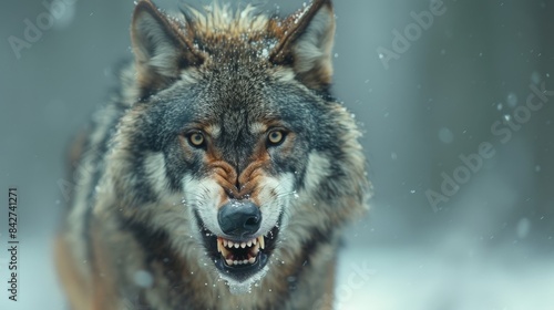 A wild wolf baring its teeth aggressively in a snowy forest setting © familymedia