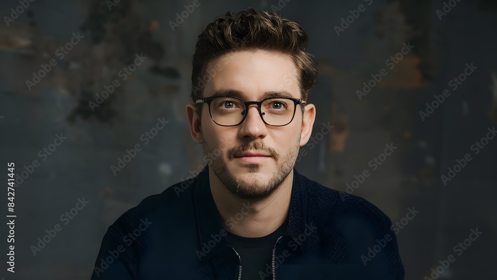 Fototapeta premium Close-up portrait of a man with glasses and a short beard, wearing a blue blouse. He is sitting and confidently looking ahead. An adult man, businessman, manager.
