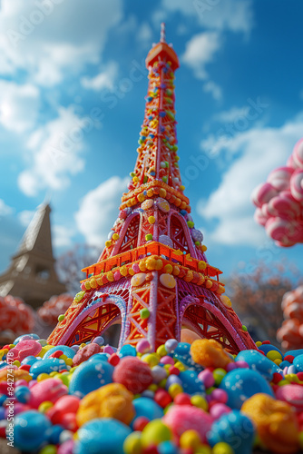 The Eiffel Tower is made of candy on blue background, art creative, 3D rendering