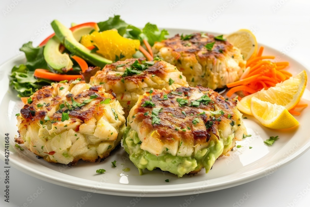 Baked Crab Cakes with Creamy Avocado Mousse and Citrus Salad Baked Crab Cakes with Creamy Avocado Mousse and Citrus Salad