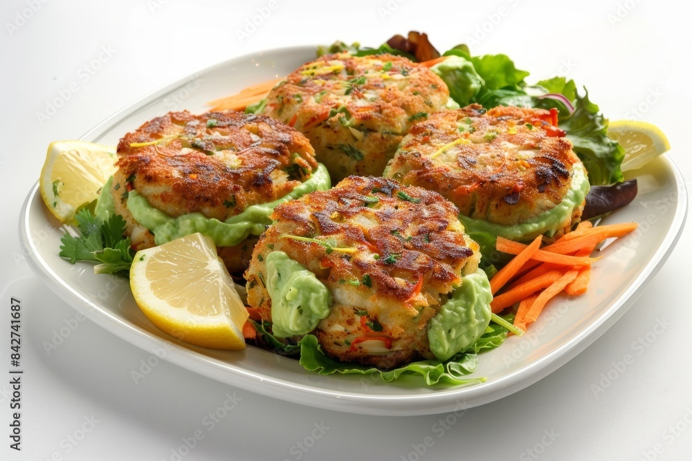 Baked Crab Cakes with Creamy Avocado Mousse and Julienned Carrots Baked Crab Cakes with Creamy Avocado Mousse and Julienned Carrots