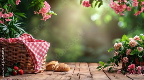Picnic Basket with Red Checkered Cloth, Bread, Strawberries, and Flowers on Wooden Table in Garden 