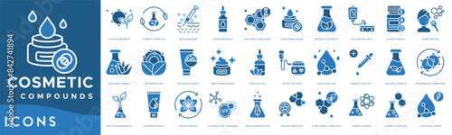 Cosmetic Compounds icon set. Active Ingredients, Cosmetic Formulas, Skin Enhancers, Hydration Boost, Anti-Aging Compounds, Moisturizing Blend, Botanical Extracts, Collagen Infusion , Vitamin Complex