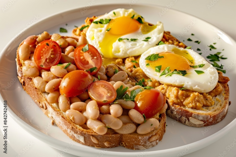 Baked Eggs and Beans on Toast with Seasonings Baked Eggs and Beans on Toast with Seasonings