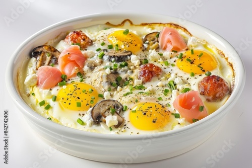 Baked Eggs with Cheddar and Lox in Creamy Sauce