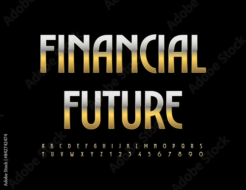 Vector business icon Financial Future. Elite Golden Font. Modern Premium Alphabet Letters and Numbers set.