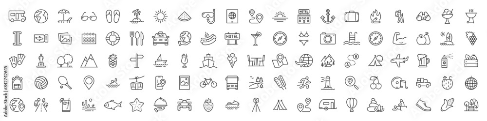 Set of 100 Summer icons. Vacation and beach web icons in line style. Travel, holiday, tourism, hotel, passport, maps, landscape, camera. Icon collection. Vector illustration. Set of 100 Summer icons. Vacation and beach web icons in line style. Travel, holiday, tourism, hotel, passport, maps, landscape, camera. Icon collection. Vector illustration.