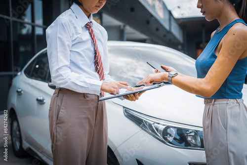 A young businesswoman is navigating car insurance options at her desk, considering premiums, deductibles, and coverage while understanding policies and managing claims efficiently. photo