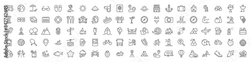Set of 100 Summer icons. Vacation and beach web icons in line style. Travel, holiday, tourism, hotel, passport, maps, landscape, camera. Icon collection. Vector illustration.