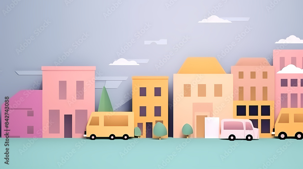 Obraz premium Low angle,Modern Architecture 3D illustration. Architecture building construction perspective paper cut style, underside view urban building abstract background