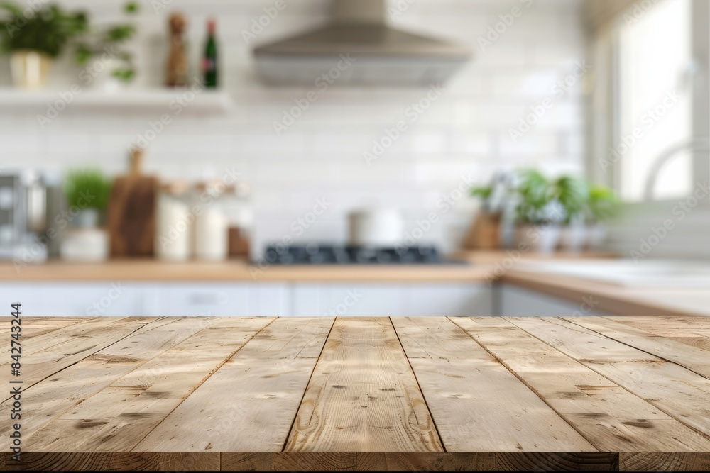 Wooden Counter n Blurred Kitchen Background Wooden Counter n Blurred Kitchen Background