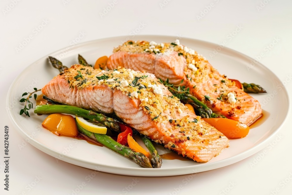 Elegant Baked Salmon with Golden Feta Crust and Sautéed Veggies Elegant Baked Salmon with Golden Feta Crust and Sautéed Veggies