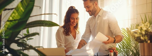A young couple in their thirties, dressed casually and smiling at each other as they examine paper documents together over an open laptop on the table of their home office. Green plants.