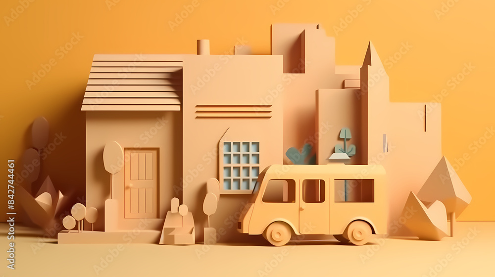 Low angle,Modern Architecture 3D illustration. Architecture building construction perspective paper cut style, underside view urban building abstract background Low angle,Modern Architecture 3D illustration. Architecture building construction perspective paper cut style, underside view urban building abstract background