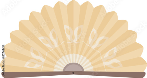 Traditional beige hand fan with floral pattern folding over wooden handle, isolated on white background