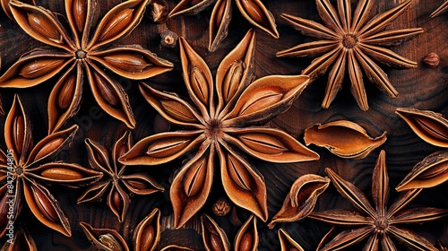 An overhead view of aromatic star anise pods arranged in a circular pattern. Generative Ai