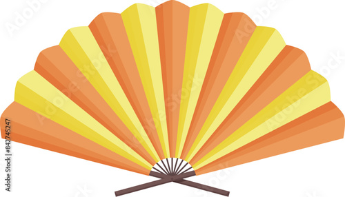 Traditional japanese or chinese handheld fan folded and open showing alternating orange and yellow colors